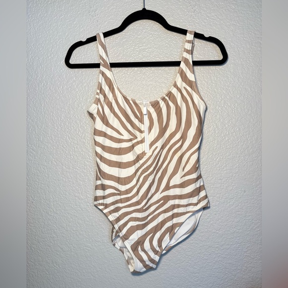 Michael Kors Sexy Zip Zebra Safari Tan White One Piece Swimsuit size 12 - Picture 1 of 7